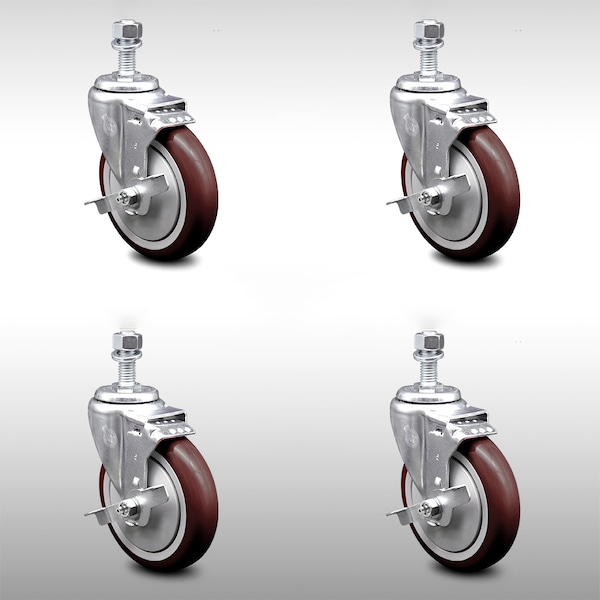 Service Caster 5 Inch SS Maroon Polyurethane Wheel Swivel 1/2 Inch Threaded Stem Caster Set Brake SCC-SSTS20S514-PPUB-MRN-TLB-121315-4 - main